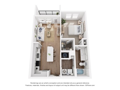 Floor plan for 1 bed, 1 bath, 730 sqft